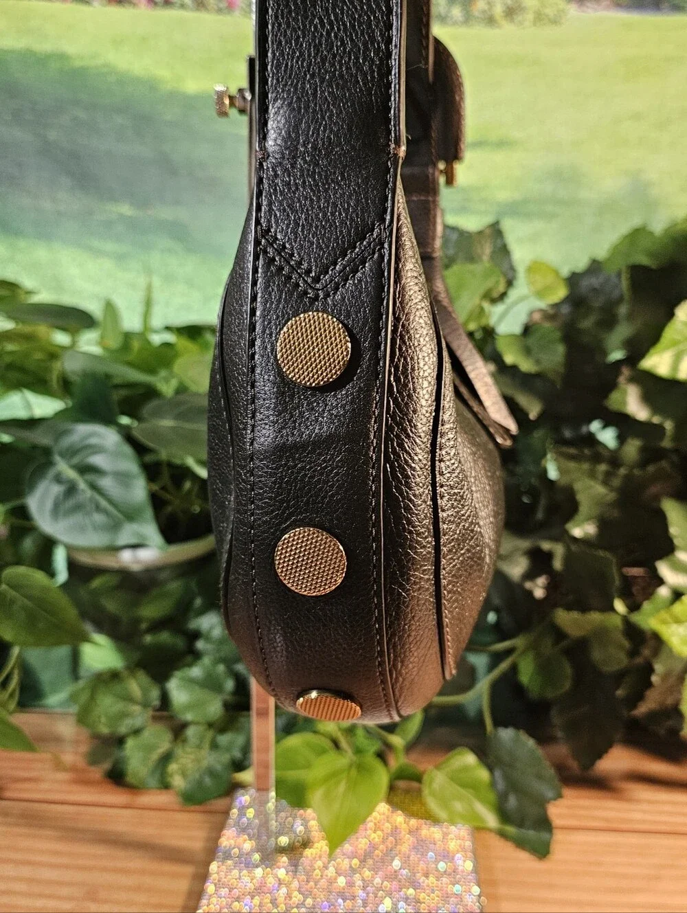 Rare Fossil Black Cowhide Leather Crescent Shoulder Bag Brass Hardware